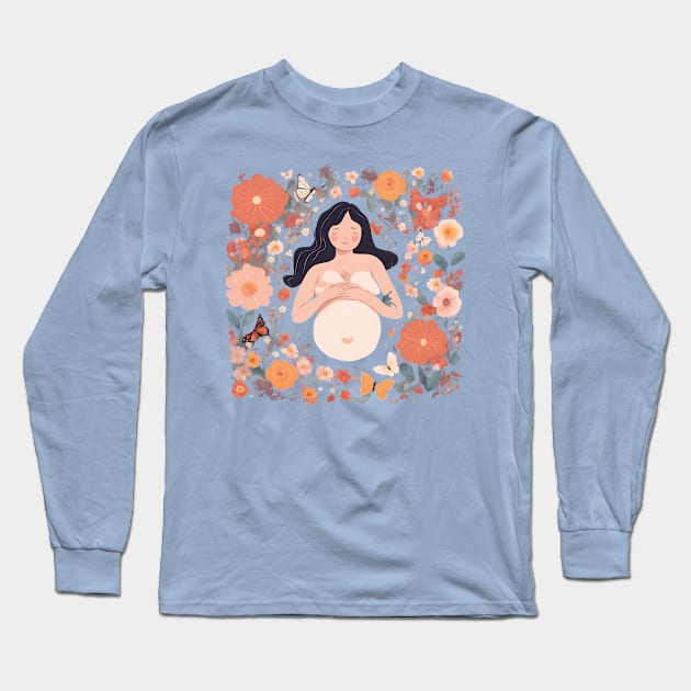 Pregnant Woman surrounded by flowers mothers day gift Long Sleeve T-Shirt by Trend Spotter Design